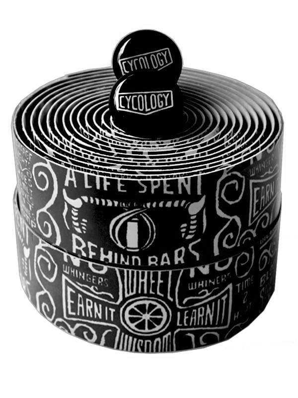 Cycology bike handlebar tape with bold white graphics on black, featuring cycling phrases and logos