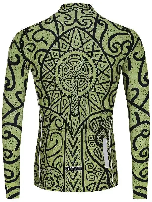 Men's long sleeve cycling jersey with green tribal pattern and reflective details